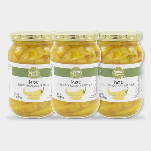 3 Jars Laura Lynn Hot Sliced Banana Peppers, 16 oz