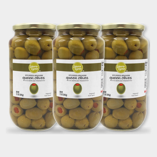 3 Jars Laura Lynn Stuffed Spanish Queen Olives W/ Minced Pimento, 21 oz