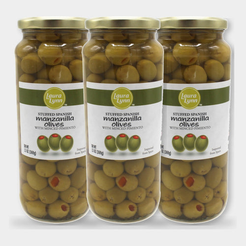3 Jars Laura Lynn Stuffed Manzanilla Spanish Olives W/ Minced Pimento, 13 oz