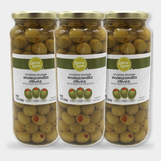 3 Jars Laura Lynn Stuffed Manzanilla Spanish Olives W/ Minced Pimento, 13 oz