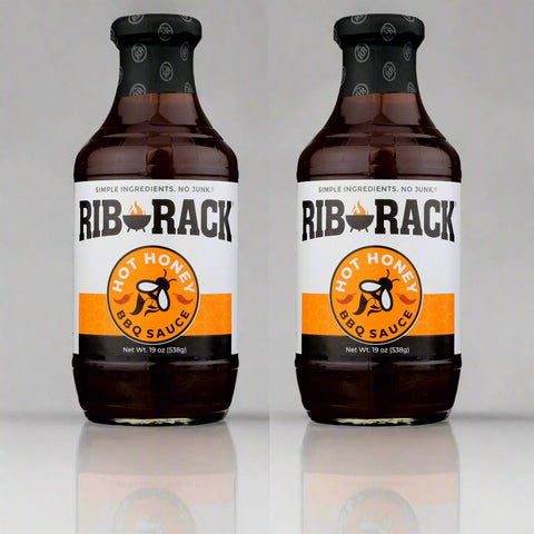 2 BOTTLES Rib Rack Hot Honey BBQ Sauce 19 oz Barbecue Pork Beef