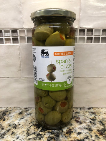 Food Lion Stuffed Manzanilla Queen Spanish Olives w/ Minced Pimientos 10 oz. Jar