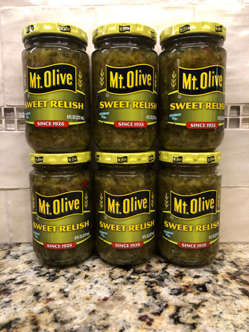 6 JARS Mount Olive Sweet Pickle Relish 8 oz Tuna Salad Hot Dog Cubes Mt