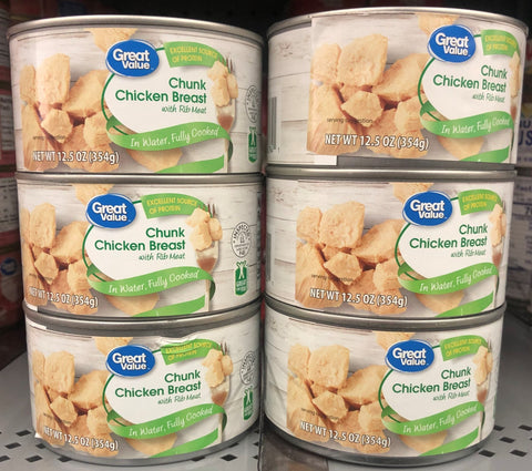 6 CANS Great Value Fully Cooked Chunk Chicken 12.5 oz with rib meat