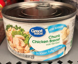 6 CANS Great Value Fully Cooked Less Sodium Chunk Chicken 12.5 oz rib meat