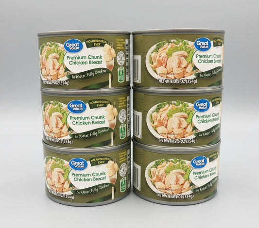 6 Cans of Great Value Cooked Premium Chunk Chicken Breast Meat in Water, 12.5 oz
