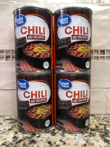 4 CANS Great Value Chili No Beans 15 oz can made with Beef Nachos Stew