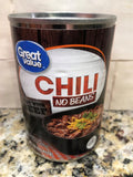 4 CANS Great Value Chili No Beans 15 oz can made with Beef Nachos Stew