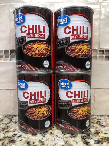 4 CANS Great Value Chili with Beans 15 oz can made with Beef Nachos Stew