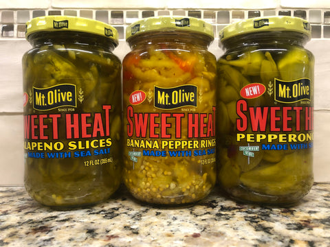 3 JARS Mount Olive SWEET HEAT SAMPLER Jalapeno Pepperoncini Banana Peppers