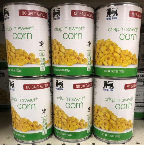 6 CANS Food Lion No Salt Added Crisp n Sweet Corn 15.25 oz Can Vegetable