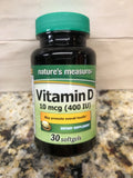 6 Bottles of Nature's Measure Vitamin D 400 IU 30 Softgels Vitamins D-3