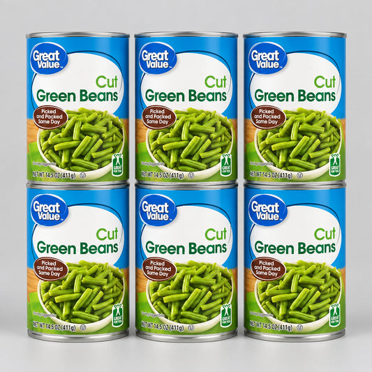 6 Cans of Great Value Cut Green Beans, 14.5 oz