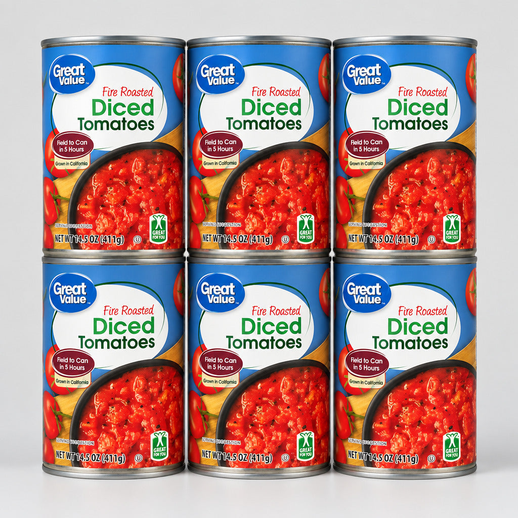 6 Cans of Great Value Fire Roasted Diced Tomatoes, 14.5 oz
