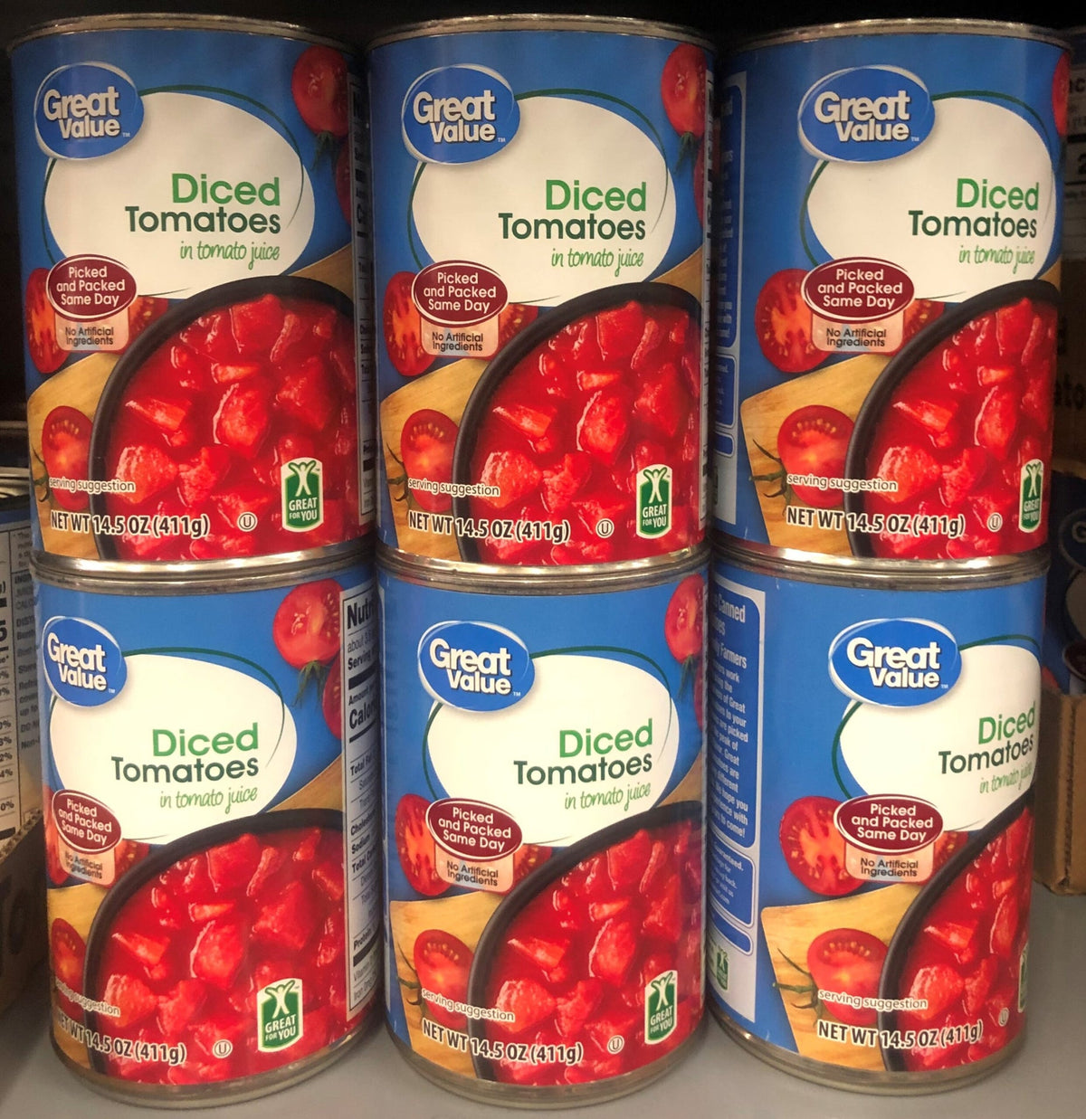 6 Cans of Great Value Diced Tomatoes In Tomato Juice, 14.5 oz