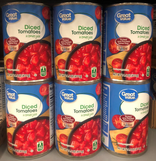 6 Cans of Great Value Diced Tomatoes In Tomato Juice, 14.5 oz