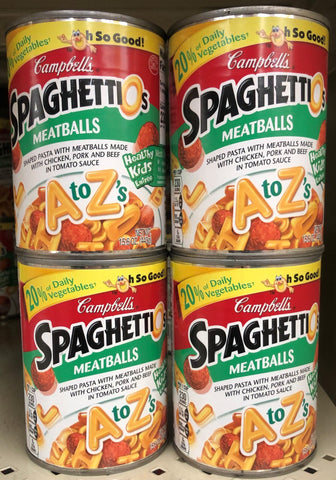 FOUR CANS Campbell's SpaghettiOs Pasta A to Z Shapes with Meatballs 15.6 oz Can