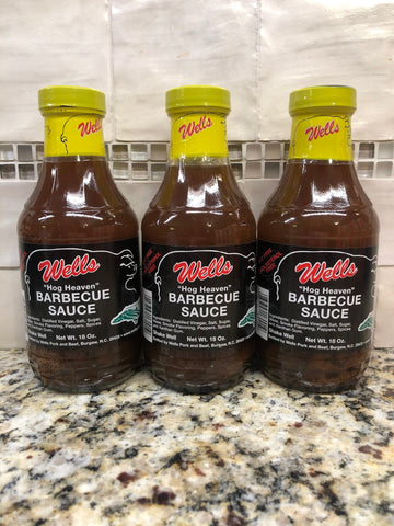 3 BOTTLES Wells Hog Heaven Barbecue Sauce 18oz BBQ Pork Beef Rib Fat Free NC