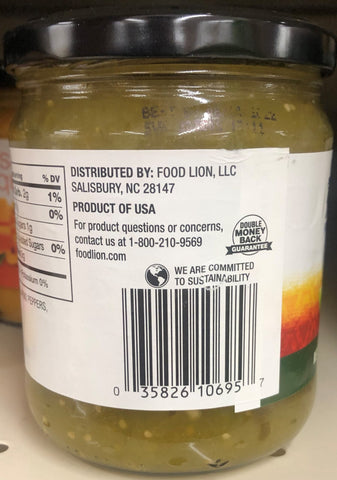 Food Lion Salsa Verde 16 oz Jar Picante Dip Pepper Chips Green