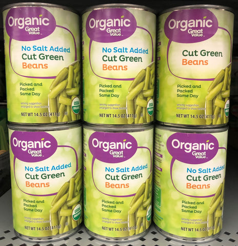 6 CANS Great Value Organic No Salt Added Cut Green Beans 14.5 oz Can String