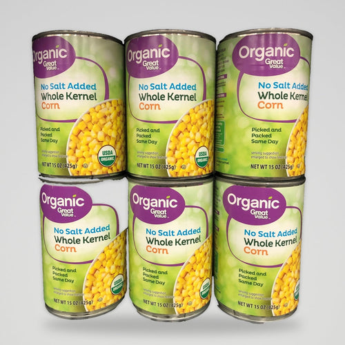 6 Cans of Great Value Organic No Salt Added Whole Kernel Corn, 15 oz