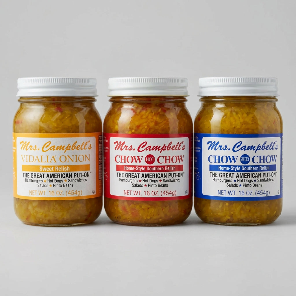 Mrs. Campbell's Sampler 3 Jars Chow Chow Regular Hot Sweet Vidalia Onion Relish