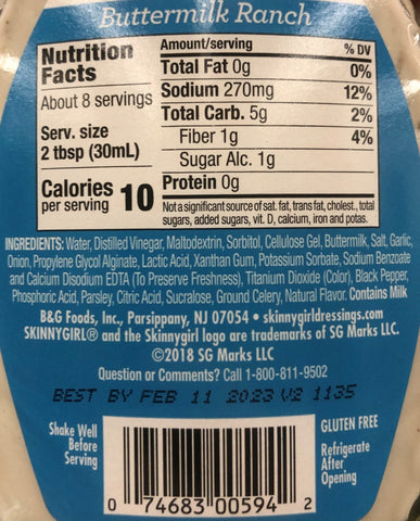 3 Bottles Skinnygirl Fat Sugar Free Buttermilk Ranch Salad Dressing 8 fl Bottle