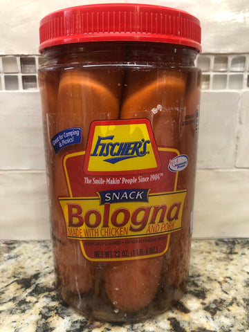 2 JARS Fischer's Snack Bologna Made with Chicken and Pork 22 oz Jar Meat Wieners