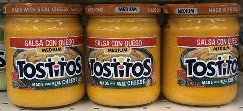 3 JARS Tostitos Medium Salsa Con Queso 15 oz chips burritos Real Cheese