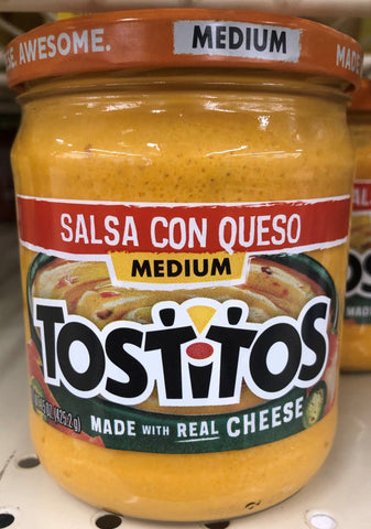3 JARS Tostitos Medium Salsa Con Queso 15 oz chips burritos Real Cheese