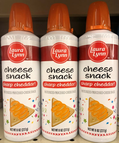 3 CANS Laura Lynn Cheese Snack Spray Squeeze Sharp Cheddar Cheese Wiz 8 oz