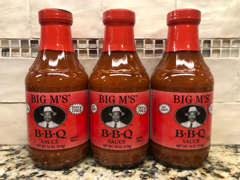 3 BOTTLES Big M's Hot & Thick BBQ Sauce 18oz Barbecue Pork Beef Rib Fat Free NC