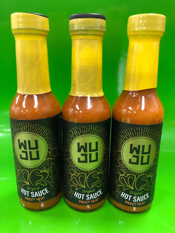 3 BOTTLES WUJU Original Hot Sauce 5 Oz Marinade Tropical Thai Caribbean Sweet heat flavor