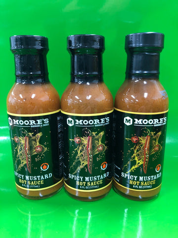 3 BOTTLES Moore's Spicy Mustard Tangy Hot Sauce 6 Oz Marinade Cayenne Pepper