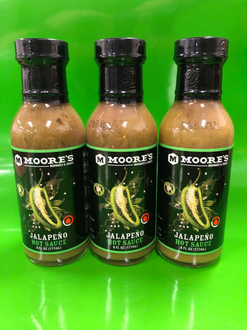 3 BOTTLES Moore's Spicy Jalapeño Hot Sauce 6 Oz Marinade Pepper Pork Cheese