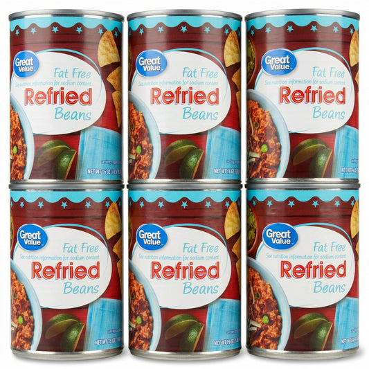 6 Cans Great Value Fat Free Refried Beans 16 oz Can