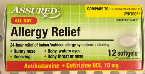 6 Bottles Assured All Day Allergy Relief 12 ct softgels like Zyrtec