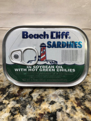 12 CANS Beach Cliff Sardines in Soybean Oil Hot Green Chilies Herring Fresh