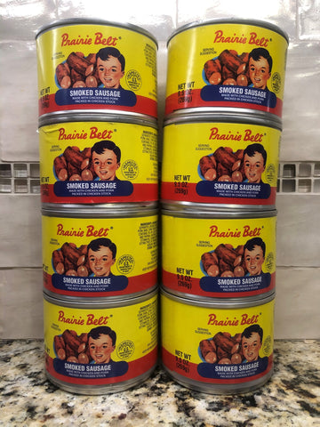 8 Big Cans Prairie Belt Smoked Sausage 9.5 oz Can Meat Chicken Pork Vienna