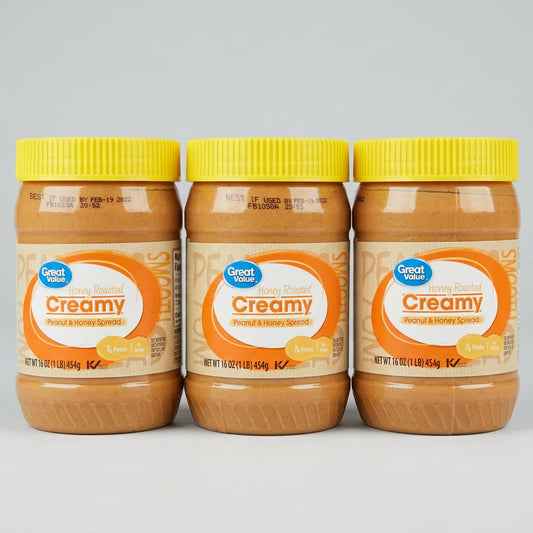 3 Jars of Great Value Honey Roasted Creamy Peanut Butter, 16 oz