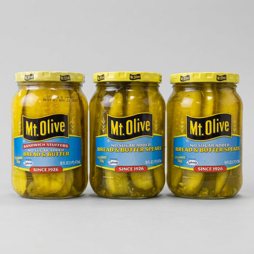 3 Jars of Mount Olive No Sugar Added Pickle Bread & Butter Spears, 16 oz