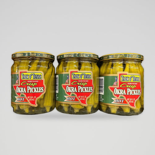 3 Jars of Talk O' Texas Pickled Hot Okra, 16 oz