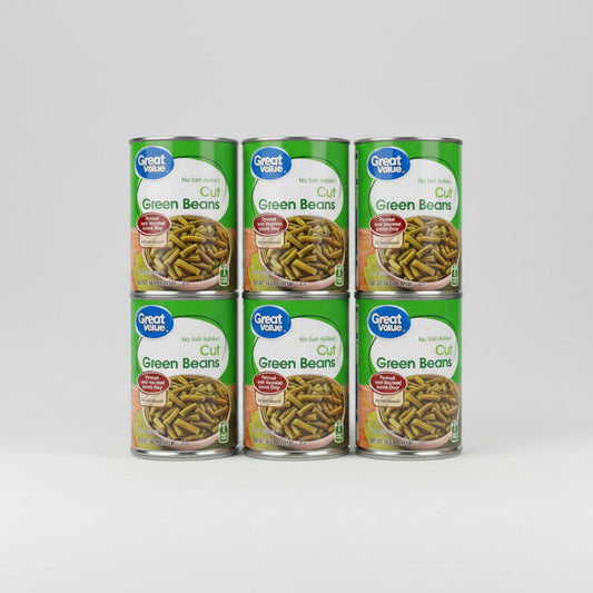 6 Cans of Great Value No Salt Added Cut Green Beans, 14.5 oz