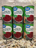 6 CANS Great Value No Salt Added Dark Red Kidney Beans 15.5 oz Can Vegetable