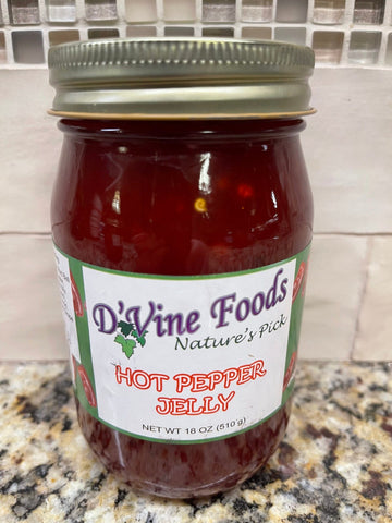D'vine Foods Hot Pepper Jelly 18 oz Jar Sweet and Savory Jam
