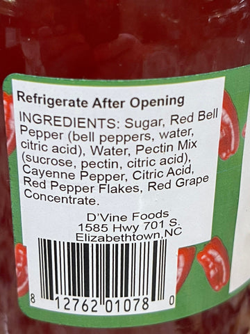 D'vine Foods Hot Pepper Jelly 18 oz Jar Sweet and Savory Jam