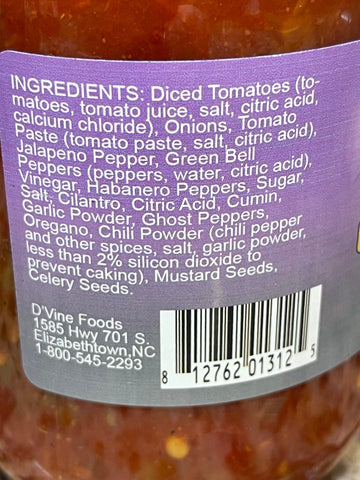 2 JARS D'Vine Foods Jar Ghost Pepper Hot Salsa 16 oz Jar Habanero Relish NC