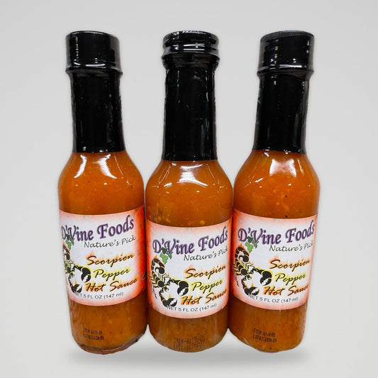 3 Bottles of D'Vine Foods Scorpion Hot Pepper Sauce, 5 oz