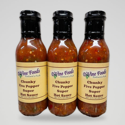 3 Bottles of D'Vine Foods Chunky Five Pepper Super Hot Sauce, 12 oz