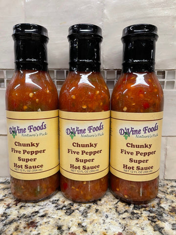 3 BOTTLES D'Vine Foods Chunky Five Pepper Super Hot Sauce 12 oz